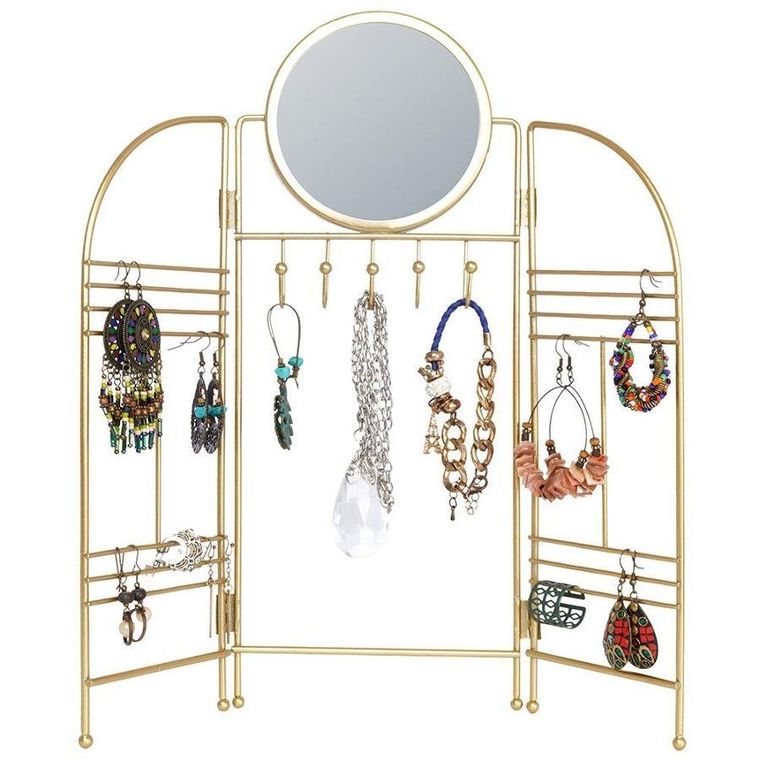 Eleganza, wieszak na biżuterię z lusterkiem, metalowy, składany, złoty