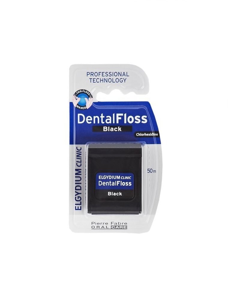 Elgydium, Clinic Dental Floss, nić dentystyczna z chloroheksydyna, czarne, 50 m