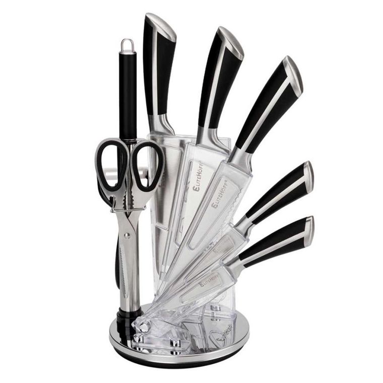 Elitehoff, zestaw noży kuchennych w stojaku z ostrzałką i nożycami, 9 elementów