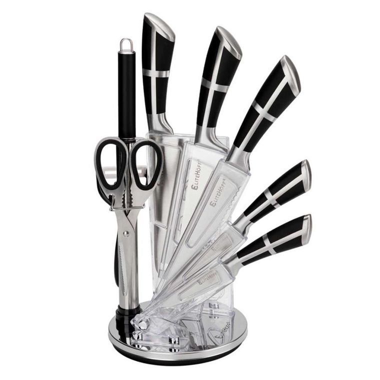 Elitehoff, zestaw noży kuchennych w stojaku z ostrzałką i nożycami, 9 elementów