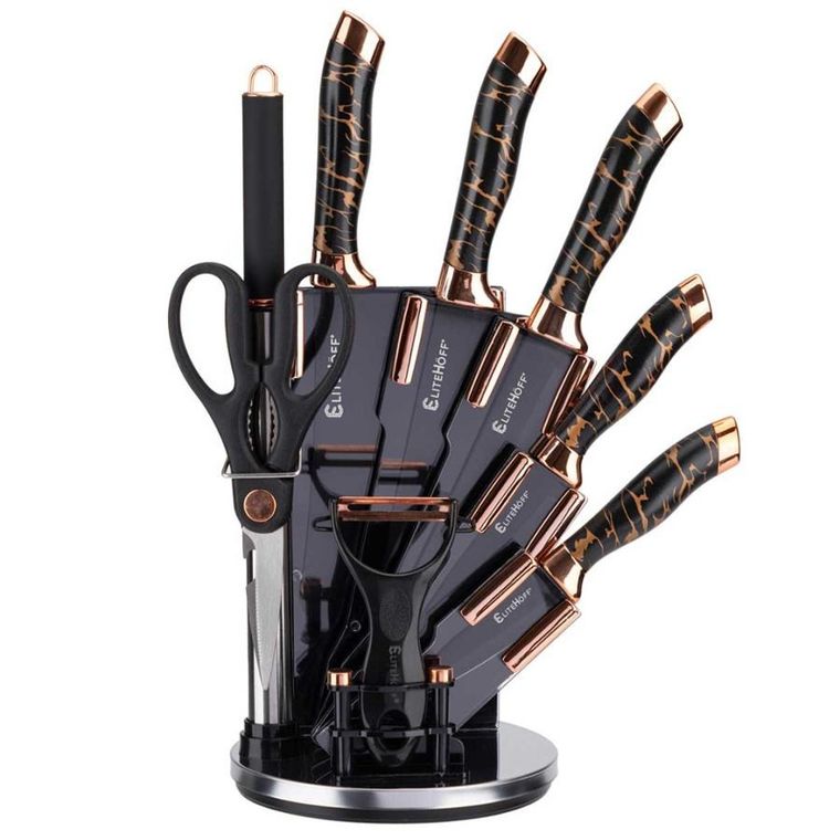 Elitehoff, zestaw noży kuchennych w stojaku z ostrzałką i nożycami, 9 elementów