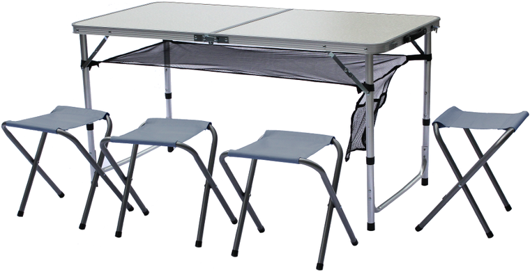 Enero Camp, składany stolik turystyczny, 4 krzesła i półka, 120-60-70/62/55 cm