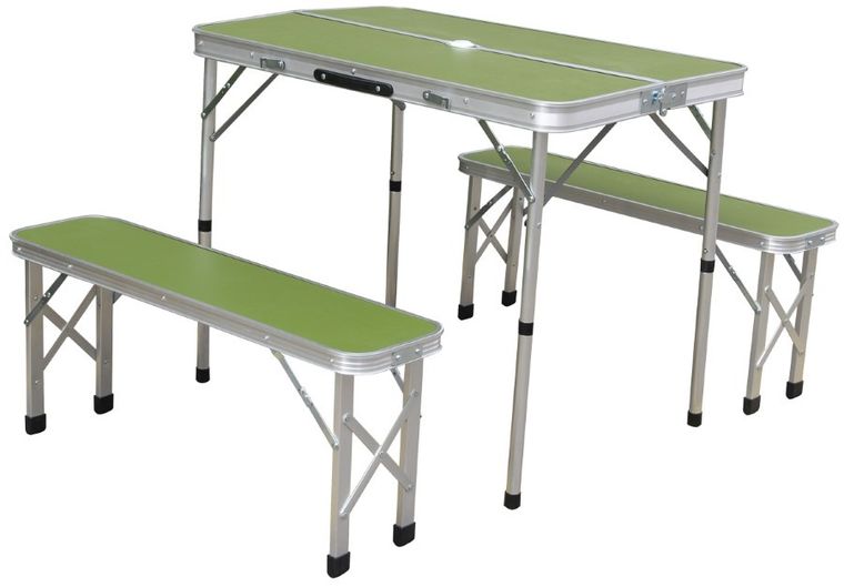 Enero Camp, składany stolik turystyczny, 90-60-70 cm i 2 ławki 87-23-39 cm