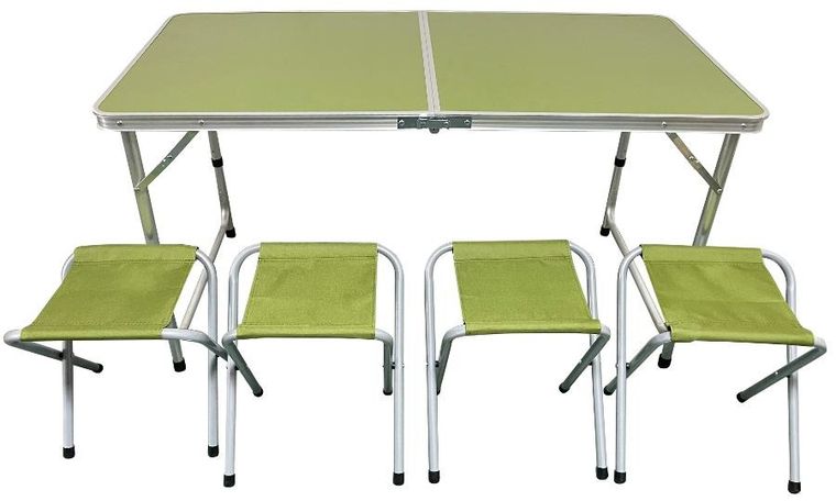 Enero Camp, stolik turystyczny, składany, kempingowy, 120-60-70/62/55 cm + krzesła, zielone, 4 szt.