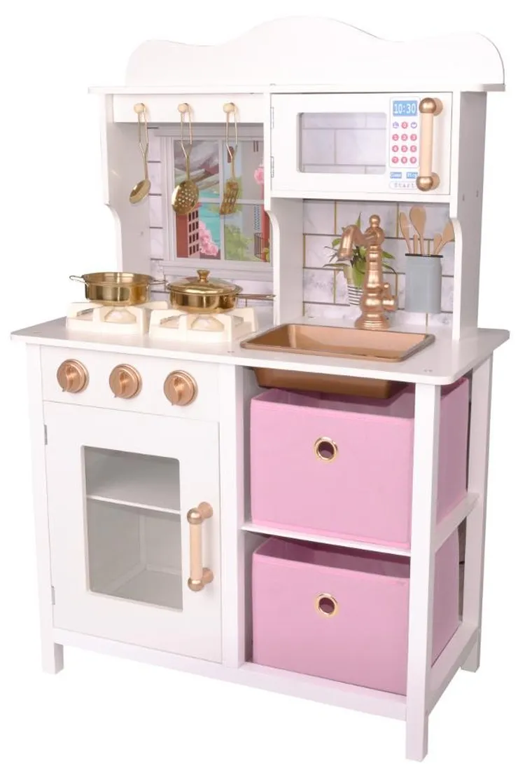 Enero Toys, kuchnia drewniana, lampka LED, biało-różowa, 60-30-88.5 cm