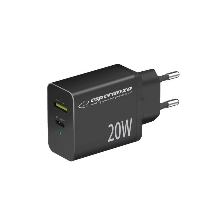 Esperanza, ładowarka sieciowa 20w USB, c pd 20w/USB, a qc 3.0 18w czarna ezc105k