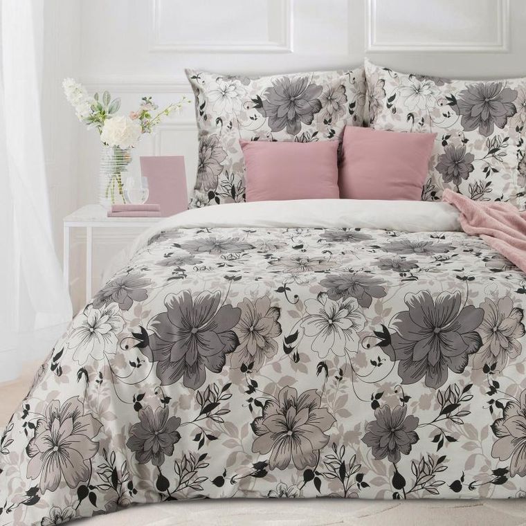 Eurofirany, komplet pościeli satynowej, Spring, 160-200 cm, 2-70-80 cm, biały