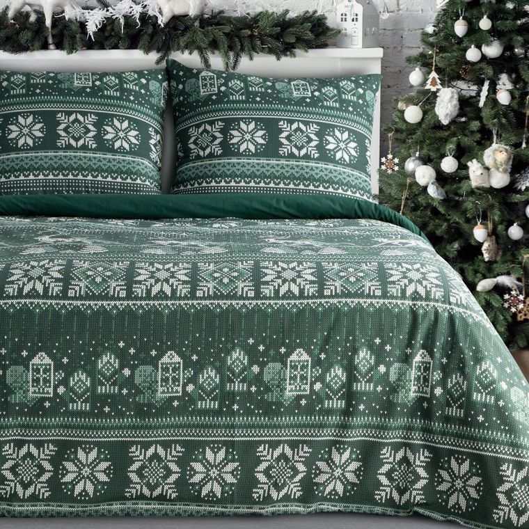 Eurofirany, świąteczny komplet pościeli, Clover, 160-200 cm, ciemnozielony