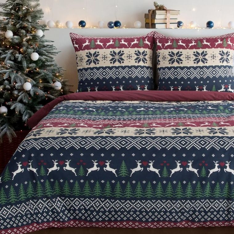 Eurofirany, świąteczny komplet pościeli, Skandy, 220-200 cm, granatowy