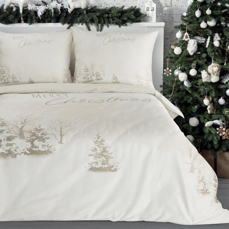 Eurofirany, świąteczny komplet pościeli, Snowflake, 220-200 cm, beżowy