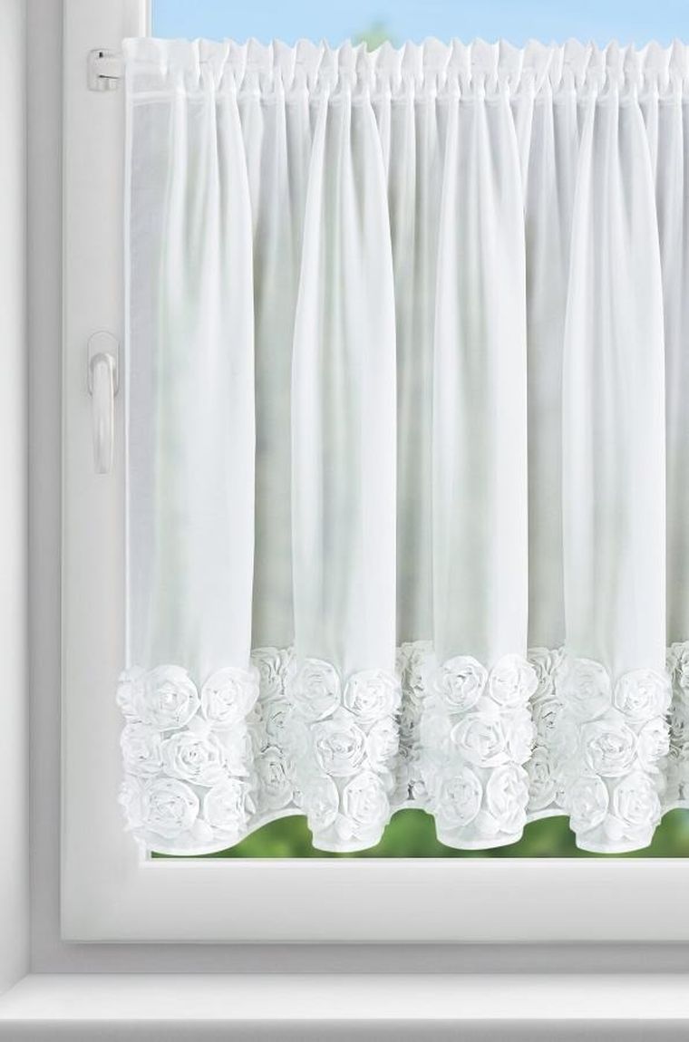 Eurofirany, zasłona gotowa, Roses, na taśmie, 150-90 cm, biały