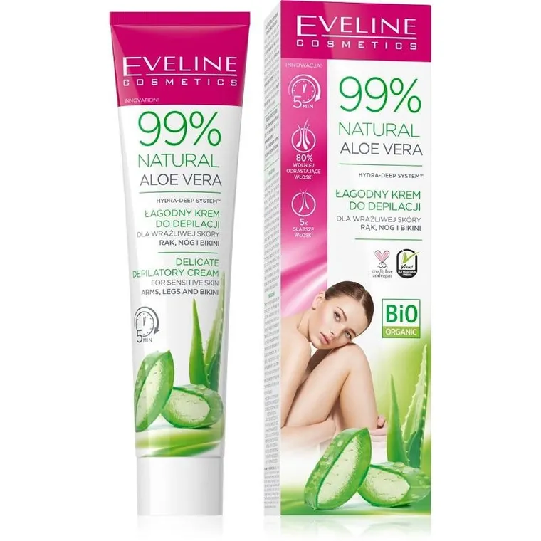 Eveline, 99% Natural, Aloe Vera, łagodny krem do depilacji, skóra wrażliwa, 125 ml