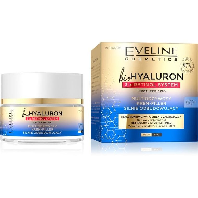 Eveline, Biohyaluron, 3x retinol, krem-filler silnie odbudowujący, 60+, 50 ml