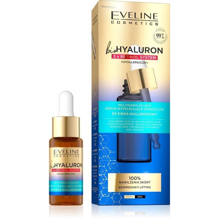 Eveline, Biohyaluron, retinol, serum wypełniające zmarszczki, 18 ml