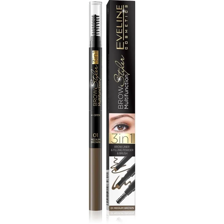 Eveline, Brow Multifunction Styler, kredka do brwi 3w1, nr 01 Medium Brown