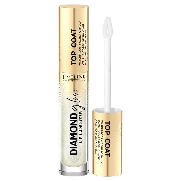 Eveline Cosmetics, Diamond Glow Lip Luminizer, top coat do ust z kwasem hialuronowym, 12 With Golden Dust, 4.5 ml