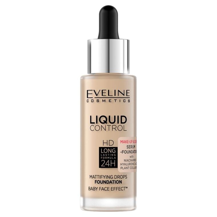 Eveline Cosmetics, Liquid Control HD Long Lasting Formula 24H, podkład do twarzy z dropperem, nr 015, Light Vanilla, 32 ml