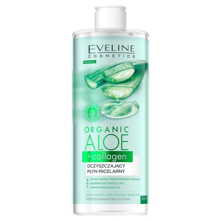 Eveline Cosmetics, Organic Aloe + Collagen, oczyszczający płyn micelarny 3w1, 500 ml