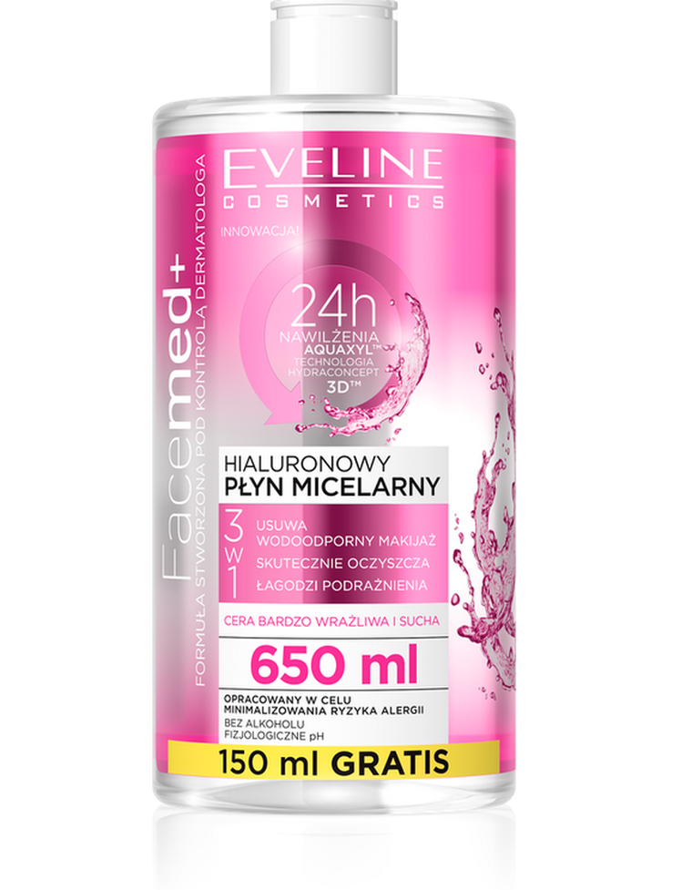 Eveline, Facemed+ hialuronowy płyn micelarny 3w1, cera bardzo wrażliwa i sucha, 650 ml
