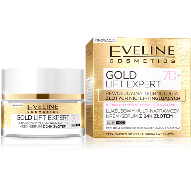 Eveline, Gold Lift Expert 70+, luksusowy multi-naprawczy krem-serum z 24k złotem dzień/noc, 50 ml