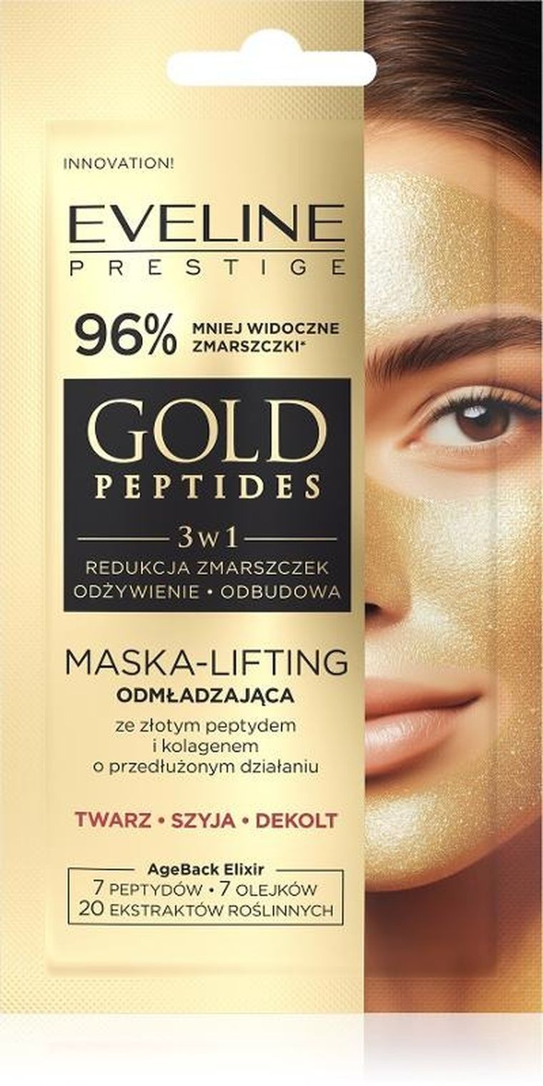 Eveline, gold peptides maska-lifting, odmładzająca 3w1 na twarz, szyję i dekolt, 8 ml