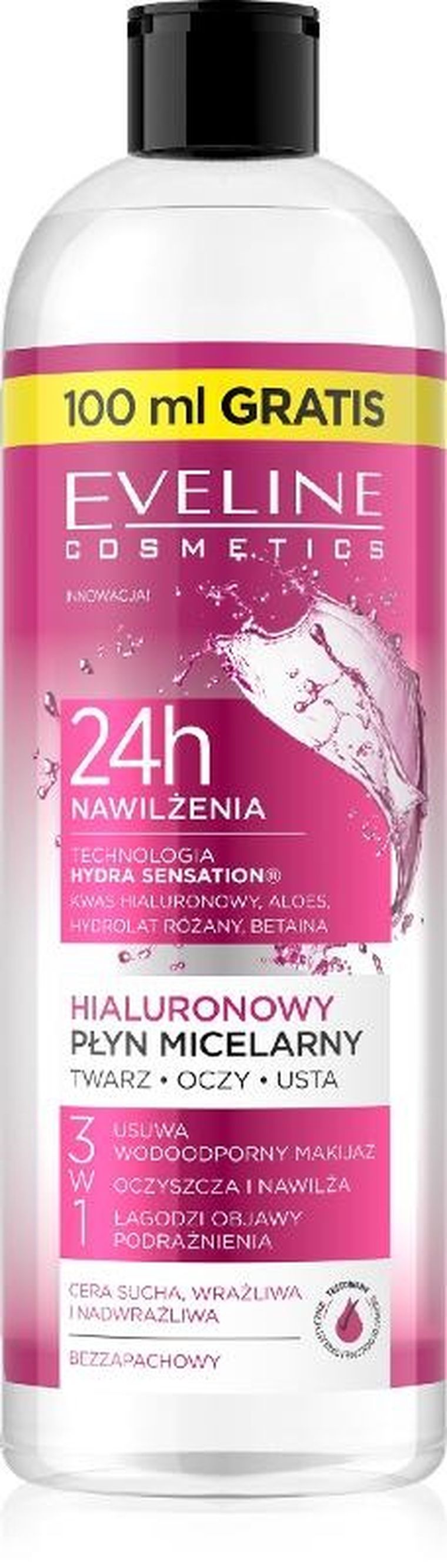 Eveline, Hydra Sensation, hialuronowy płyn micelarny nawilżający 3w1, 500 ml