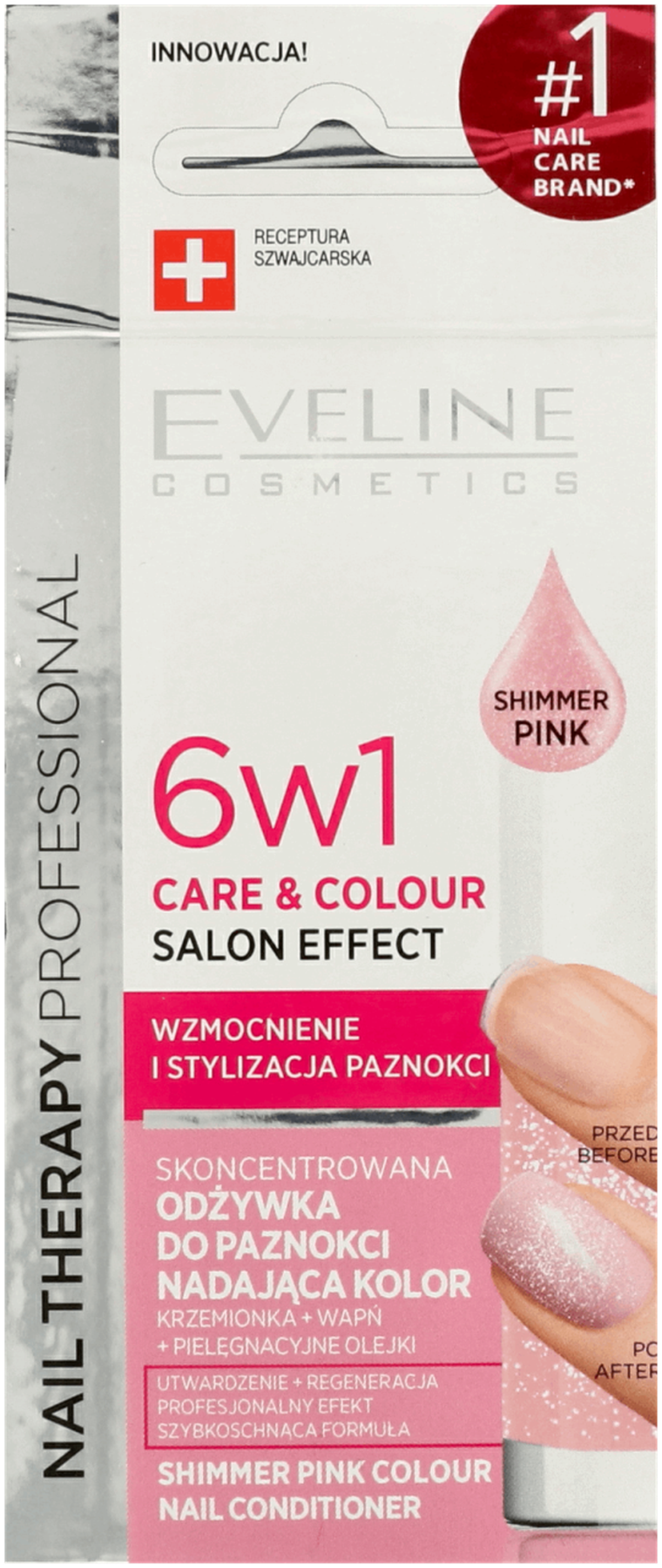 Eveline, Nail Therapy, odżywka do paznokci nadająca kolor, 6w1 Shimmer Pink, 5 ml