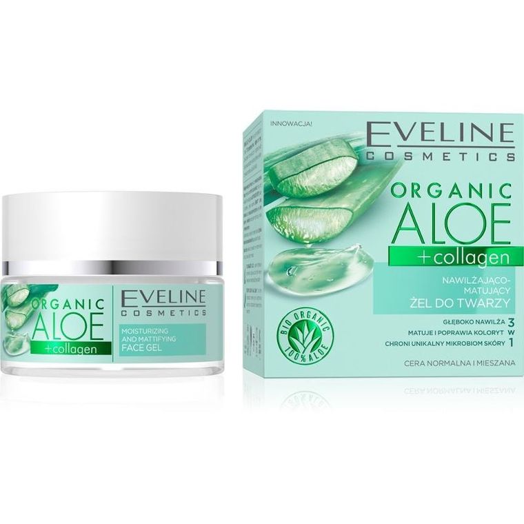Eveline, Organic, Aloe, nawilżająco, matujący żel do twarzy 3w1, cera normalna i mieszana, 50 ml