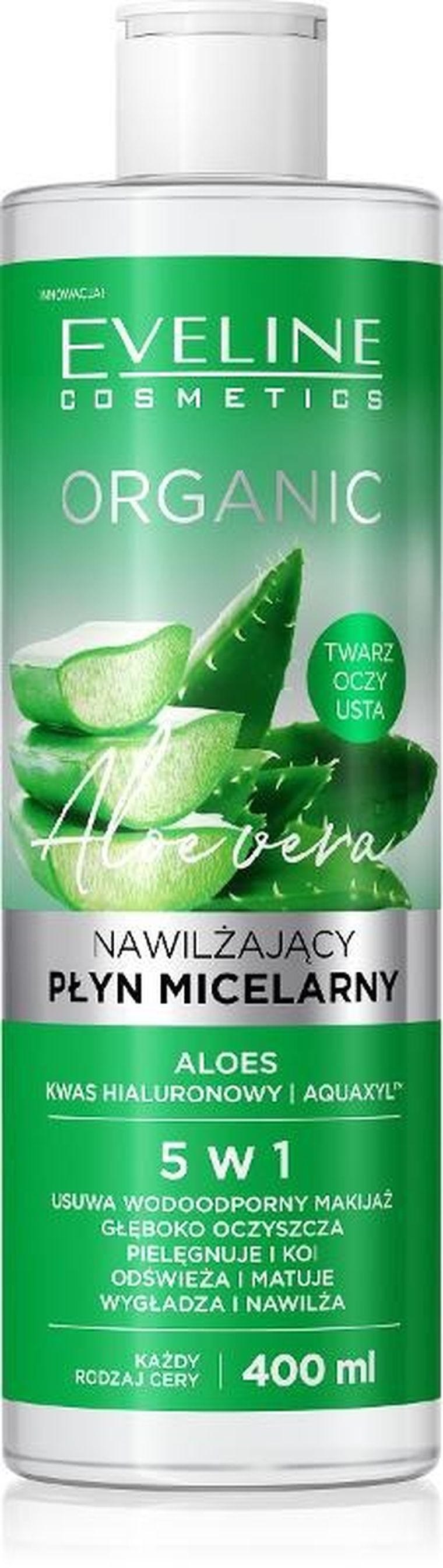 Eveline, Organic, Aloe Vera, nawilżający płyn micelarny 5w1, każdy rodzaj cery, 400 ml