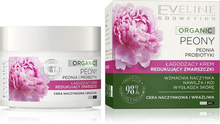 Eveline, Organic Peony, łagodzący krem redukujący zmarszczki na dzień i noc, cera naczynkowa i wrażliwa, 50 ml