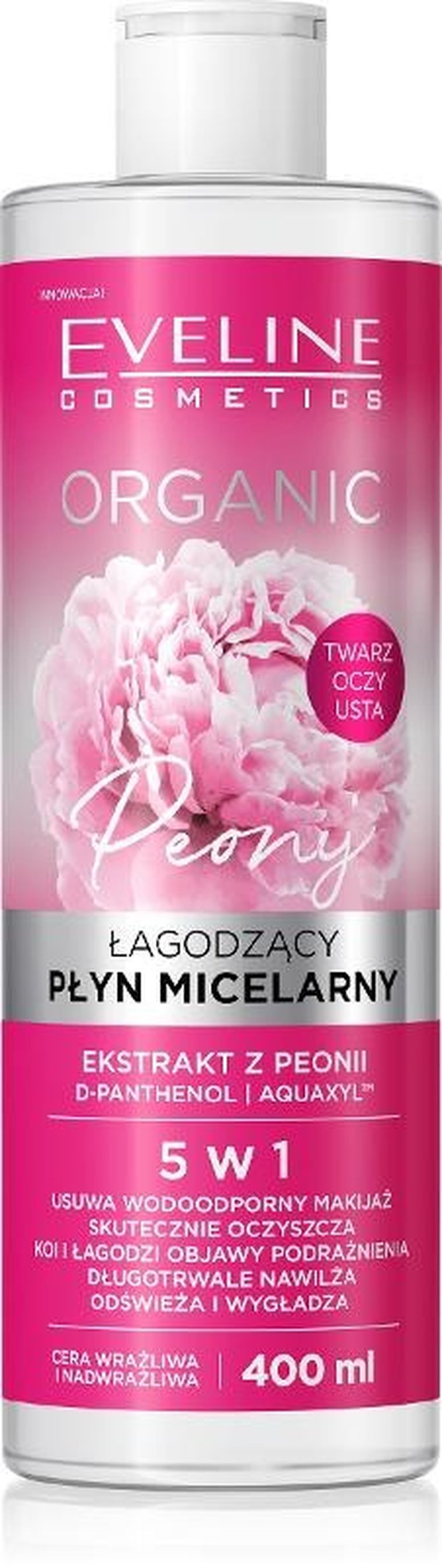 Eveline, Organic, Peony, łagodzący płyn micelarny 5w1, cera wrażliwa i nadwrażliwa, 400 ml