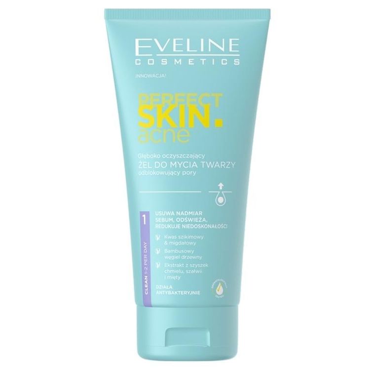 Eveline, Perfect Skinacne, głęboko oczyszczający żel do mycia twarzy odblokowujący pory, 150 ml