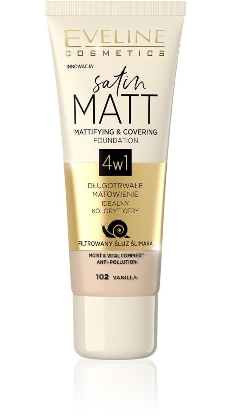 Eveline, Satin Matt, podkład matujący 4w1, nr 102 Vanilla, 30 ml