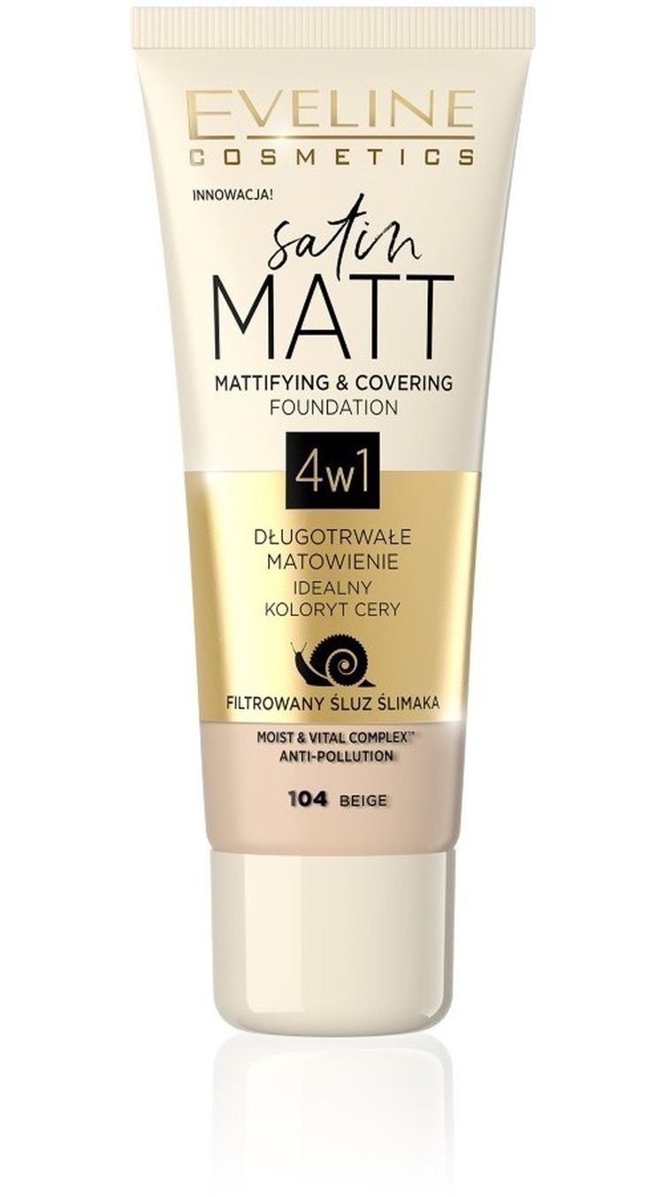 Eveline, Satin Matt, podkład matujący 4w1, nr 104 Beige, 30 ml