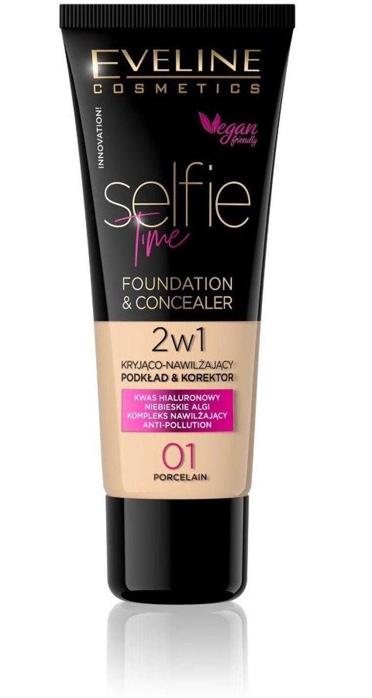 Eveline, Selfie Time, podkład 2w1 kryjąco-nawilżający, nr 01 Porcelain, 30 ml