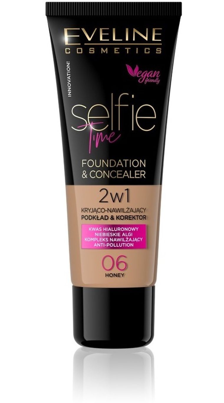 Eveline, Selfie Time, podkład 2w1, kryjąco-nawilżający, nr 06 Honey, 30 ml