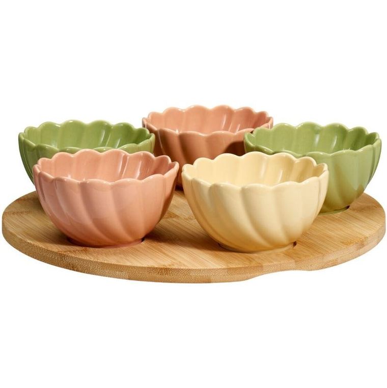Excellent Houseware, 5 miseczek na przekąski kwiatki na bambusowej tacy