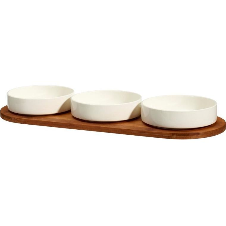 Excellent Houseware, Aperio, zestaw porcelanowych miseczek do serwowania przekąsek, bambusowa taca, 390 ml, 3 szt.