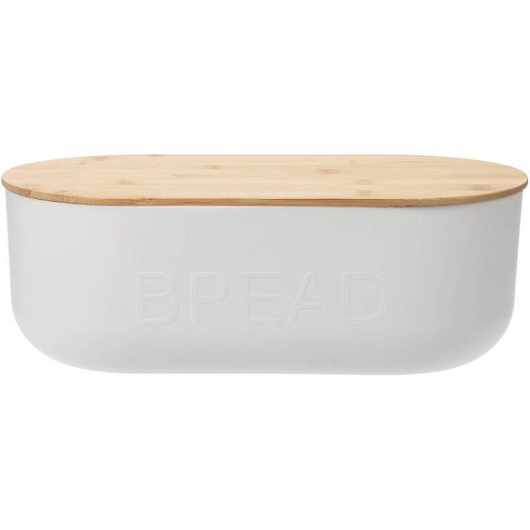 Excellent Houseware, biały chlebak z tworzywa sztucznego, bambusowa pokrywa, 35-19-12 cm