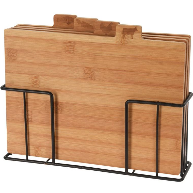 Excellent Houseware, deski do krojenia bambusowe, 4 szt. na metalowym stojaku
