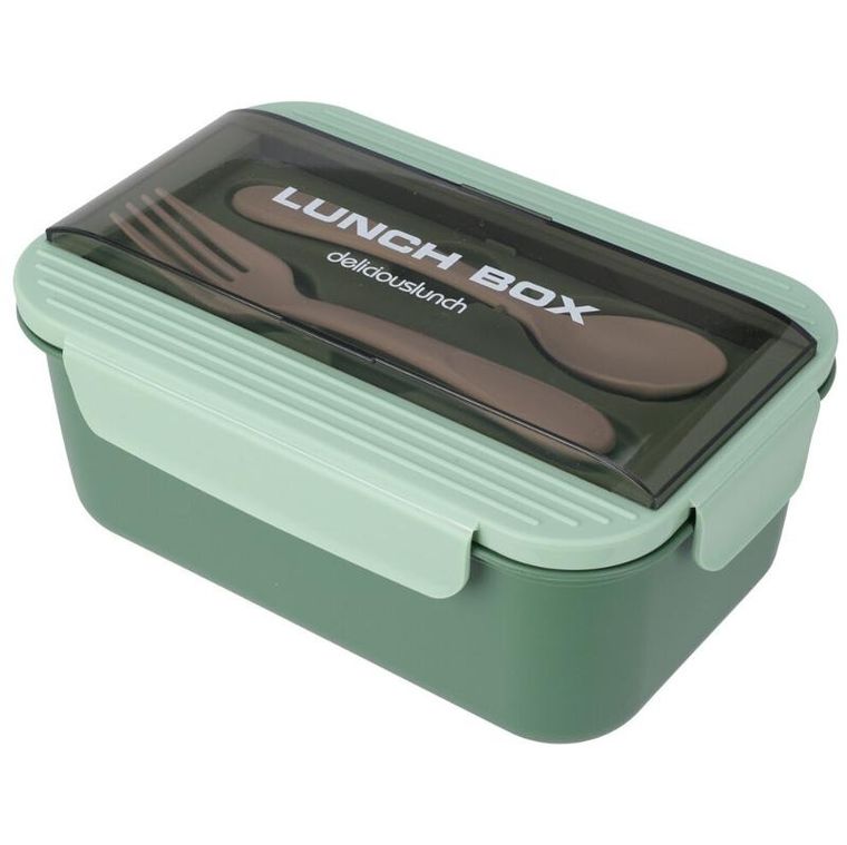 Excellent Houseware, lunchbox ze sztućcami, zielony, 21-14-7 cm