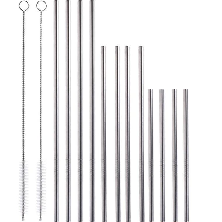 Excellent Houseware, metalowe słomki, 12 szt. o różnej długości + 2 czyściki