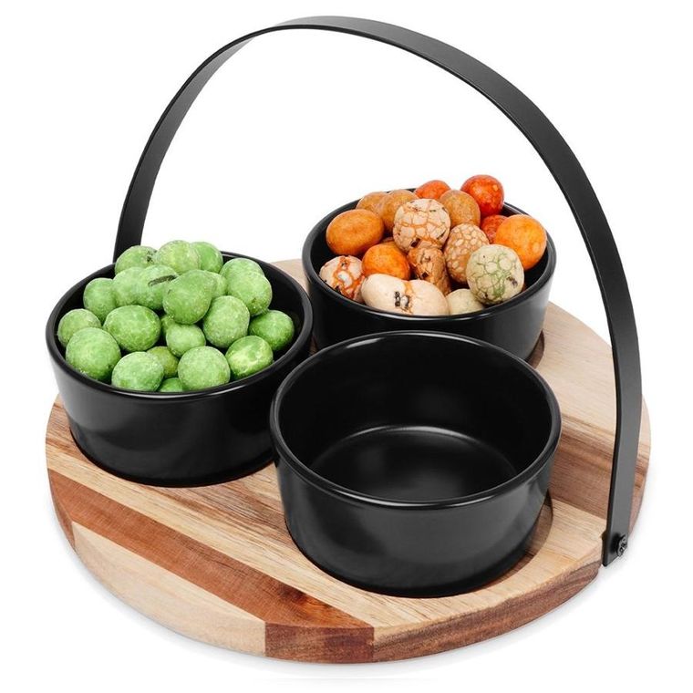 Excellent Houseware, miseczki ceramiczne do dipów, na przekąski, na tacy drewnianej, czarne, 4 elementy