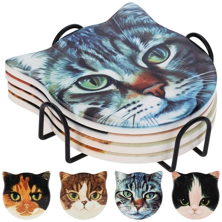 Excellent Houseware, podstawki pod kubek, w stojaku, kot, 4 szt.