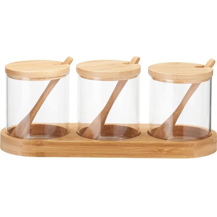 Excellent Houseware, Yulea, słoiczki na przyprawy, na bambusowej podstawce, 8,5 cm, 3 szt.