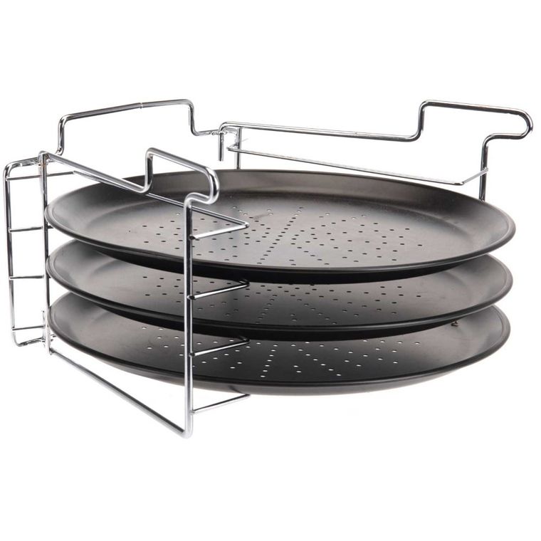 Excellent Houseware, zestaw do pieczenia pizzy: 3 metalowe blaszki + stojak