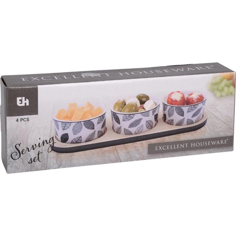 Excellent Houseware, zestaw do serwowania przekąsek: taca i 3 porcelanowe naczynia, Ø 10 cm