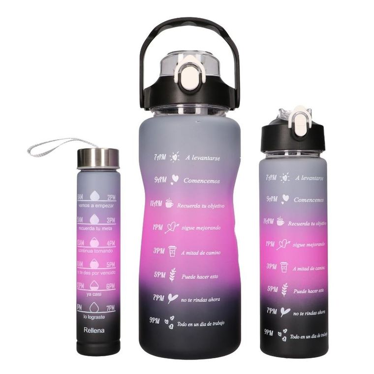 Extralink, bidon motywacyjny, zestaw 3w1, różowo-czarny, 2000 ml+900 ml+300 ml