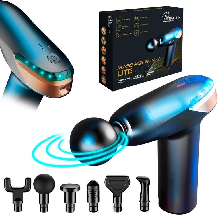 Extralink, Massage Gun Lite, pistolet do masażu, 3200 RPM, 6 końcówek