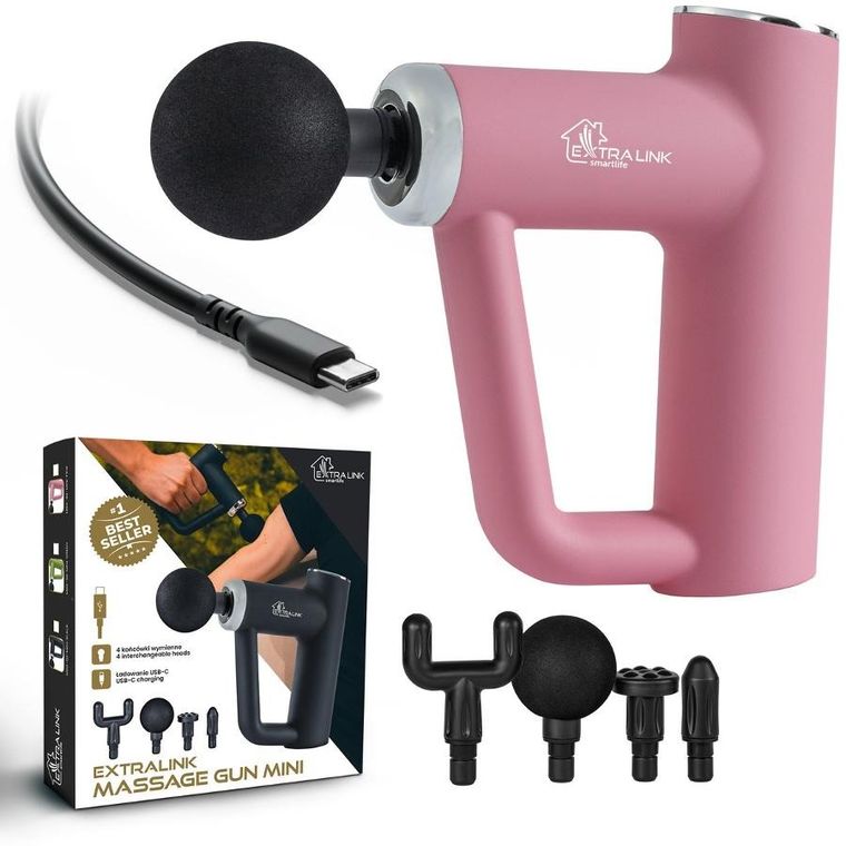 Extralink, Massage Gun Mini, pistolet do masażu, 4 końcówki, różowy
